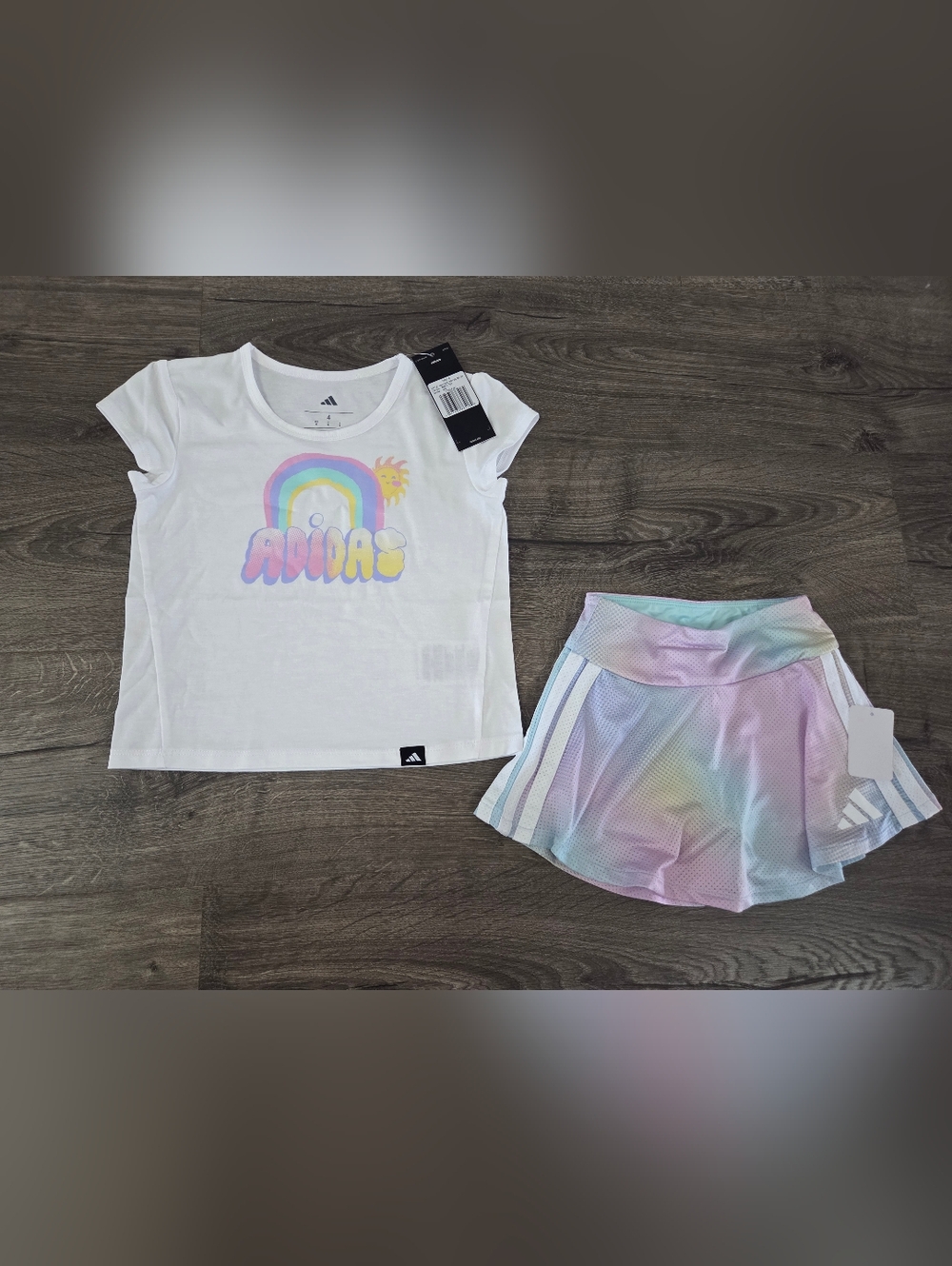 Adidas Girls Rainbow Logo Tee & Pastel Ombre Skort Set Size 4 NWT
